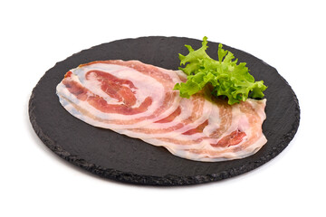 Italian pancetta piancetina. Sliced smoked bacon on plate isolated on white background.