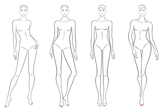 Vector set of outline women body figures in various poses, template in black color, isolated, fashion illustration on white background.