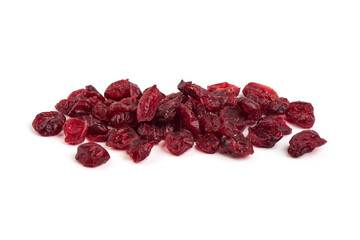 Dry organic cranberries, sweet berries, close-up, isolated on white background.