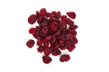 Dry organic cranberries, sweet berries, close-up, isolated on white background.