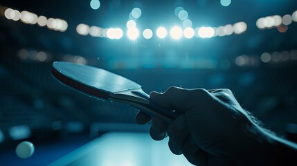 a close-up of a hand-held ping pong player holding a bat. surrounding with the stadium's light. shooting angle from bottom - obrazy, fototapety, plakaty