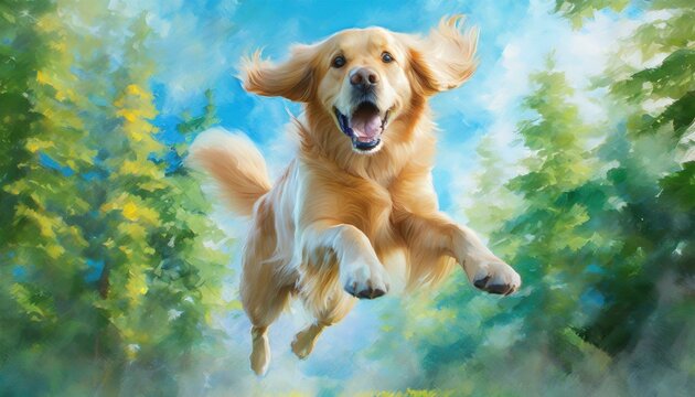  In a vibrant painting, a playful golden retriever leaps mid-air, catching a frisbee with exuberance in a sunny park setting. The scene radiates with the joy and energy of the moment as the dog's enth