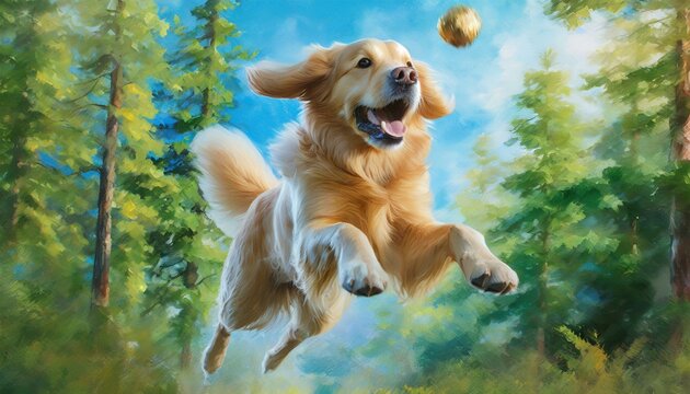  In a vibrant painting, a playful golden retriever leaps mid-air, catching a frisbee with exuberance in a sunny park setting. The scene radiates with the joy and energy of the moment as the dog's enth