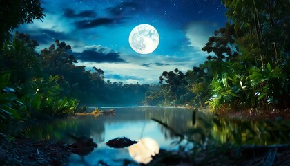 Fototapeta na wymiar moon over the lake - A serene night scene depicting a natural sky with a round moon over a jungle.