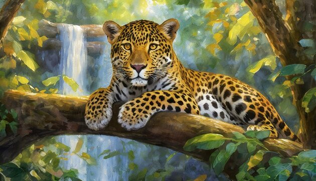  In this mesmerizing impressionist painting, a jaguar with beautiful golden eyes is depicted in a moment of relaxation, lounging gracefully on a tree branch. The artist's brushstrokes
