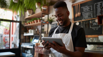 A male cafe worker is using a tablet with a smile inside a well-lit coffee shop, surrounded by various coffee shop elements.