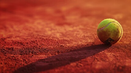 Close-up of tennis ball on red clay tennis court surface. The color palette is vibrant, with sharp contrast drawing attention to the tennis ball. - obrazy, fototapety, plakaty