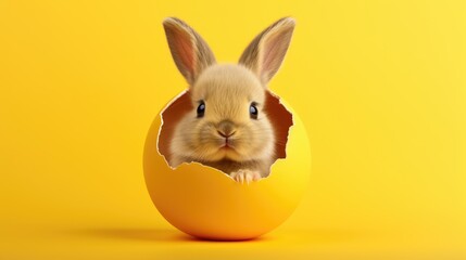 Fototapeta na wymiar Cute Easter bunny hatching from yellow Easter egg