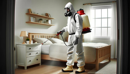 A faceless pest control worker in a full protective suit. - obrazy, fototapety, plakaty