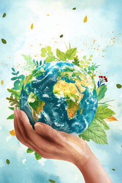 Earth day and eco activism creative background. Future of Earth is in our hands. Eco friendly concept with hands holding globe. Take care of our world, environmental activism.