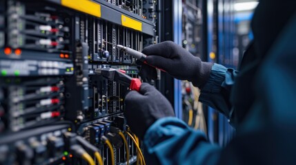 A man in electric blue engineering attire is performing gestures while working on a server in a data center. AIG41 - obrazy, fototapety, plakaty