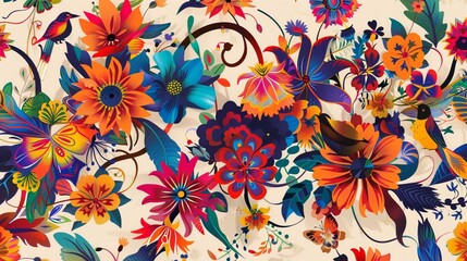 Fototapeta na wymiar a colorful wallpaper with flowers, stars, and animals, in the style of art of the congo, tangled forms, junglecore, light beige, playful imagery, miniature illumination, vibrant, lively