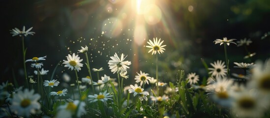 banner field with daisies, petals illuminated by the sun, blossom, concept spring, summer