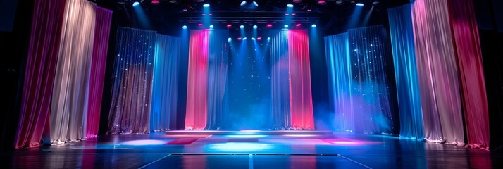 Empty Elegant Stage Curtains - Majestic stage curtains in vibrant hues bathed in dynamic stage lighting, creating a mesmerizing atmosphere for performances.