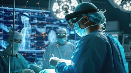 A surgeon, immersed in virtual reality, performs surgery on a patient in an electric blue-lit operating room, blending science, engineering, and the art of fiction. AIG41