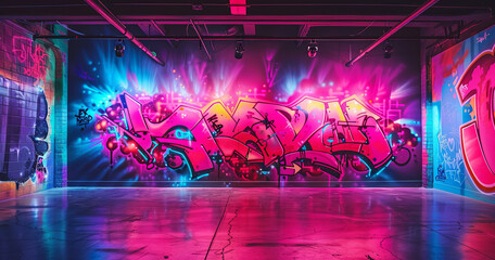 An urban wall comes alive under the glow of neon lights, showcasing vibrant graffiti art. The dark backdrop accentuates the colors, adding depth to this street masterpiece.