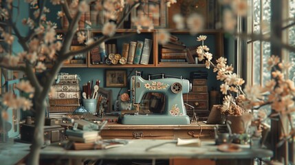 Fototapeta na wymiar an antique Sewing Machine, surrounded by books and flowers, in the style of cherry blossoms, sketchfab, watercolorist, light teal and light brown, storybook-like, made of all of the above, majismo