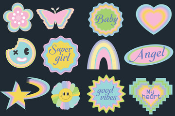 Collections of cool trendy Y2K stickers with phrases, stars, flowers, smiles and others. Funky, groovy, hipster patches set. Modern vector illustration 