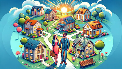 illustration capturing a young married couple as they choose and buy a house. 