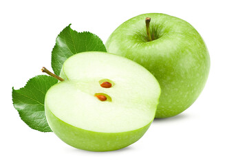 green apple with half of apple and green leaves isolated on white background. clipping path