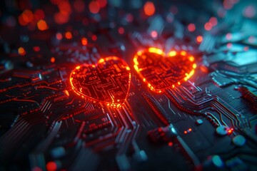 Circuit board cyber network connects two hearts, symbolizing love science