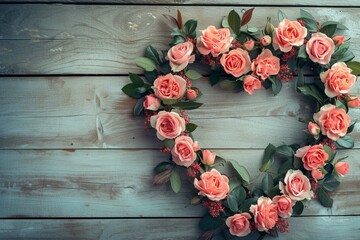 Elegant heart-shaped wreath with roses on wooden surface