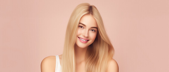 Smiling cute girl with blonde long hair isolated on pastel pink background. Perfect hair presentation