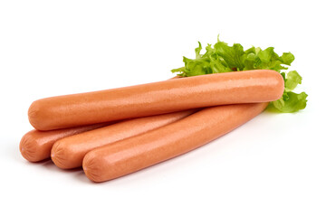 Boiled sausages with basil, isolated on white background.