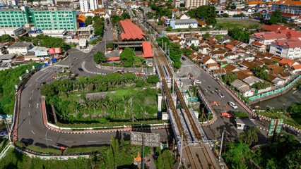 aerial view of the streets of Malioboro Yogyakarta city close to Tugu train station