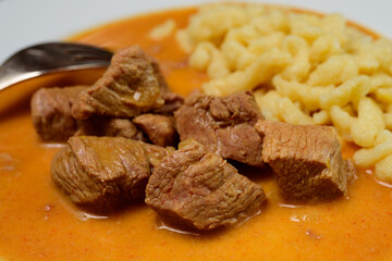 Veal Goulash or Kalbsgulasch with Paprika Cream Sauce and Dumplings