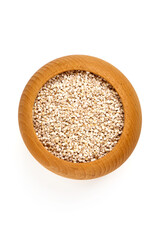 Pearl Barley in bowl, isolated on white background.
