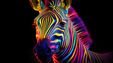 Multi-colored rainbow neon zebra on a black background. Modern design.