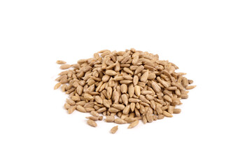Peeled sunflower seeds in wooden bowl, isolated on white background.