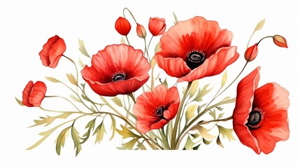 Beautiful bouquet of red poppy flowers with leaves on blurred background. Watercolor painting. Hand painted floral illustration. Design for greeting card