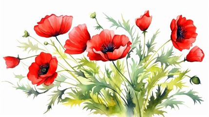 Beautiful bouquet of red poppy flowers with leaves on blurred background. Watercolor painting. Hand painted floral illustration. Design for greeting card