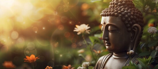 Serene statue of Buddha surrounded by lush greenery in peaceful garden