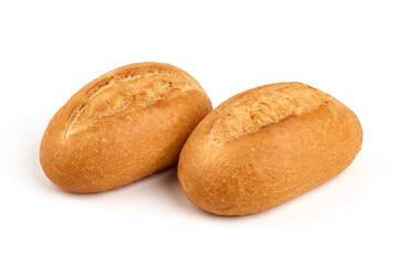 Freshly baked rustic buns, French rolls, isolated on white background. High resolution image.