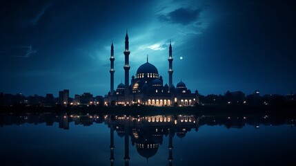 Fototapeta premium Beautiful mosque illuminated in the soothing blue moonlight. A Ramadan moon and the mosque. Photo of crescent for the occasion of Eid ul fitr