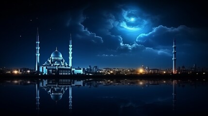 Beautiful mosque illuminated in the soothing blue moonlight. A Ramadan moon and the mosque. Photo of crescent for the occasion of Eid ul fitr - obrazy, fototapety, plakaty