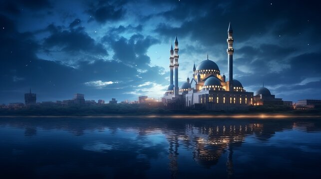 Beautiful mosque illuminated in the soothing blue moonlight. A Ramadan moon and the mosque. Photo of crescent for the occasion of Eid ul fitr