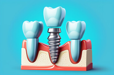 Side view of a dental implant against a background of healthy white teeth. Dentistry and prosthetics concept