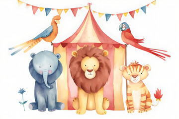 Animals tiger, elephant, lion, and parrot on background stripes tent of circus for show and childish entertainment. Circus canopy performance. Watercolor illustration - obrazy, fototapety, plakaty