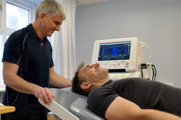 A man is receiving physiotherapy treatment while lying on top of a table, next to another man wearing a black shirt.