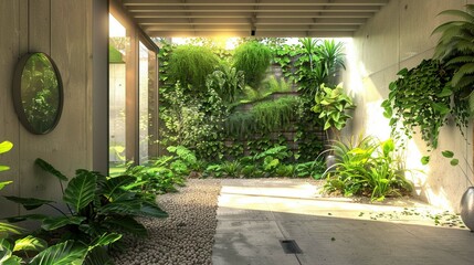 Interior of a green space with plants, vertical garden and natural light. Ecological space for a presentation or mock-up.