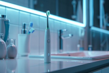 Electric Toothbrush in Modern Bathroom - A sleek electric toothbrush stands out in a contemporary bathroom setting, highlighting the importance of oral hygiene. - obrazy, fototapety, plakaty