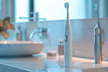 Sleek Toothbrush on Marble Countertop - A modern electric toothbrush rests on a luxurious marble countertop, blending design with dental technology. - obrazy, fototapety, plakaty
