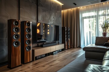 Elegant Living Room Sound System - An elegant sound system setup in a living room, blending high-quality audio with luxurious home decor. - obrazy, fototapety, plakaty