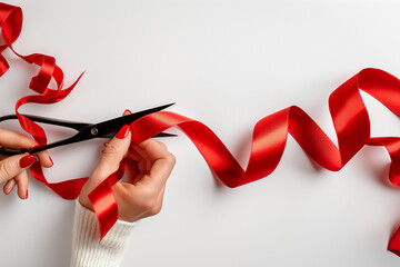 A persons hand is shown cutting a red ribbon with a pair of scissors in this image.