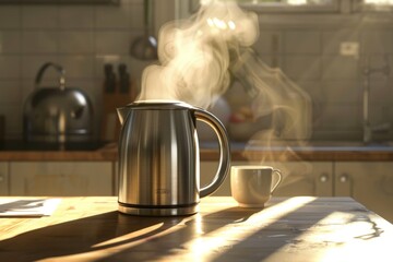 Hot Coffee Pot in Morning Sun - The morning sun shines on a steaming coffee pot, a sign of a new and hopeful day - obrazy, fototapety, plakaty