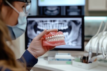 A woman is seen holding a model of teeth in a dentists office. The professional is showing dental clear aligners.